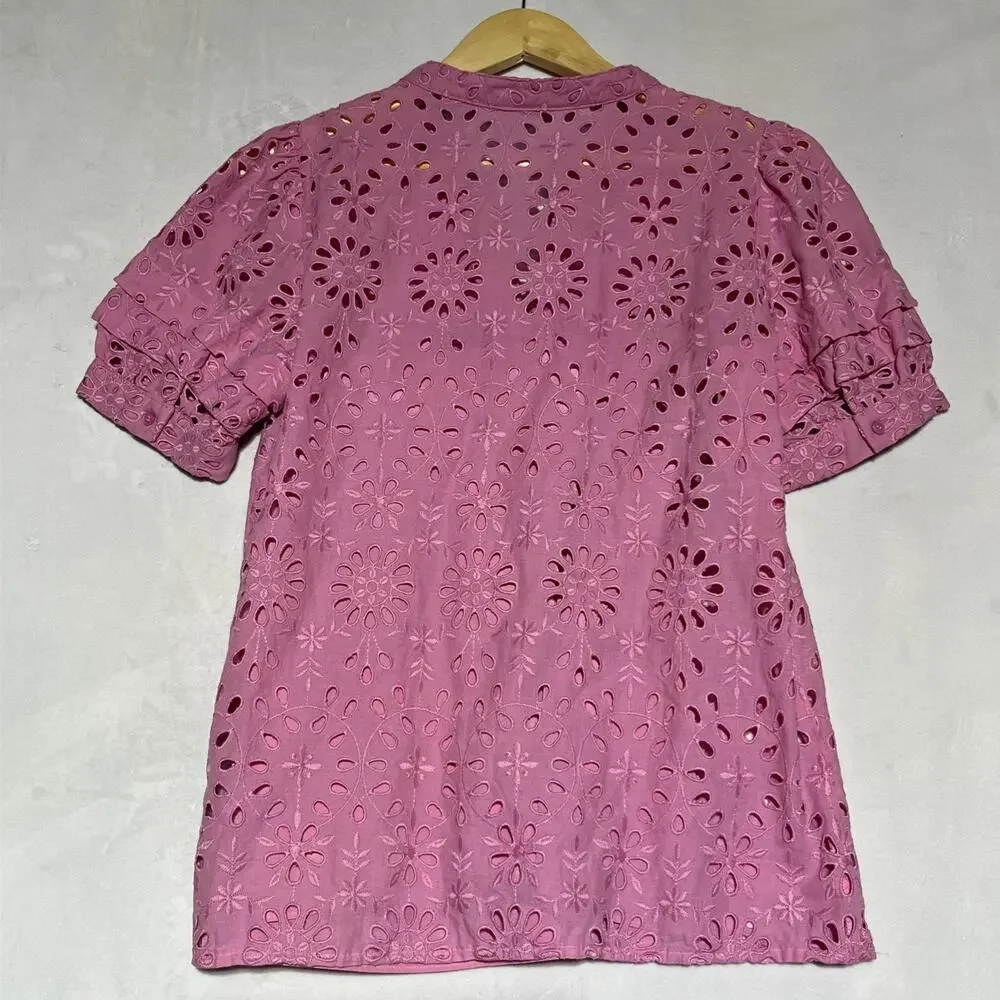 J Crew Puff Sleeve Popover Top in Eyelet Womens Small Pink Embroidered Blouse